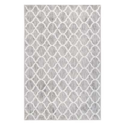 Full view of Kimberley 5 Repeat Silver Rug with white trellis pattern, 290 x 200 cm