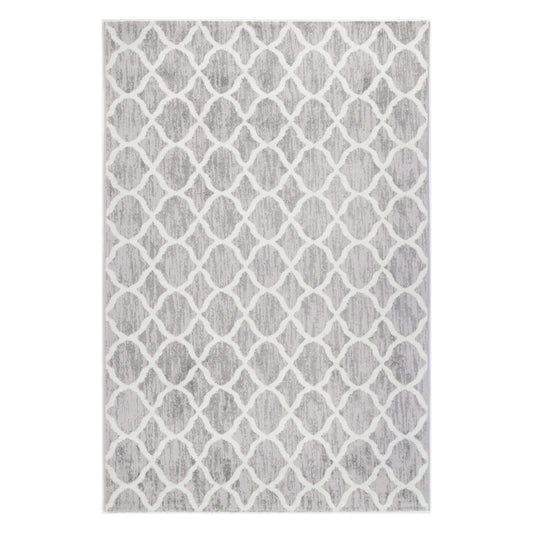 Full view of Kimberley 5 Repeat Silver Rug with white trellis pattern, 290 x 200 cm