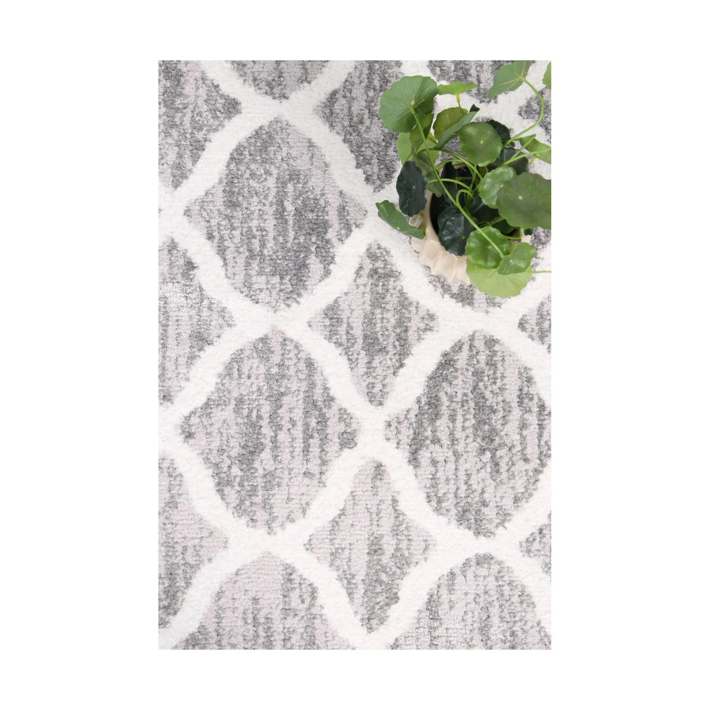 Close-up of Kimberley 5 Repeat Silver Rug showing silver-grey pile and white lattice pattern