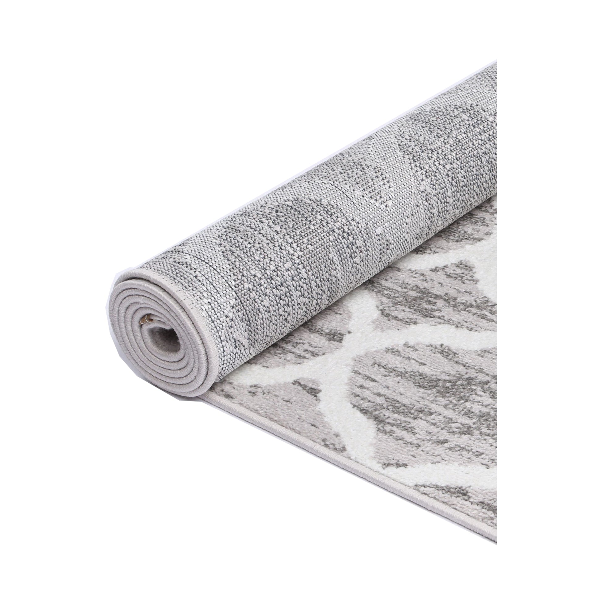 Rolled view of Kimberley 5 Repeat Silver Rug showing silver-grey pile and trellis design