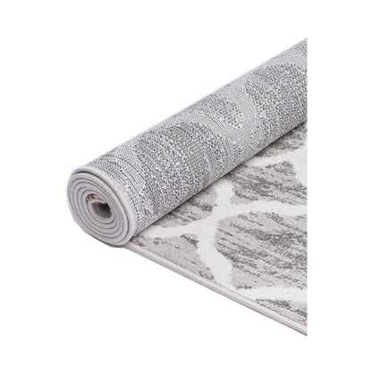 Rolled view of Kimberley 5 Repeat Silver Rug showing silver-grey pile and trellis design