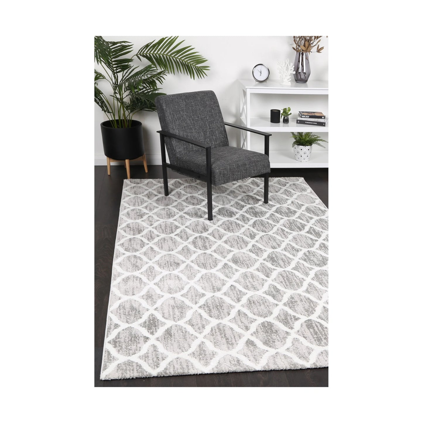 Kimberley 5 Repeat Silver Rug styled in a contemporary room setting