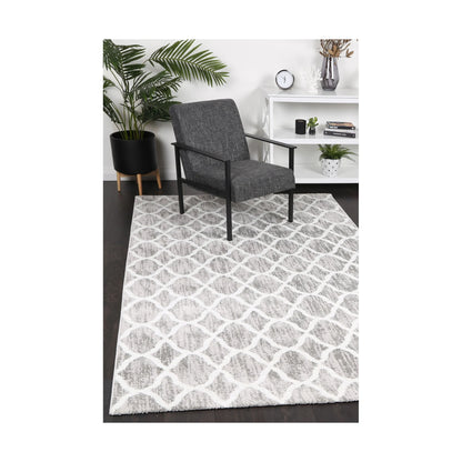 Kimberley 5 Repeat Silver Rug styled in a contemporary room setting