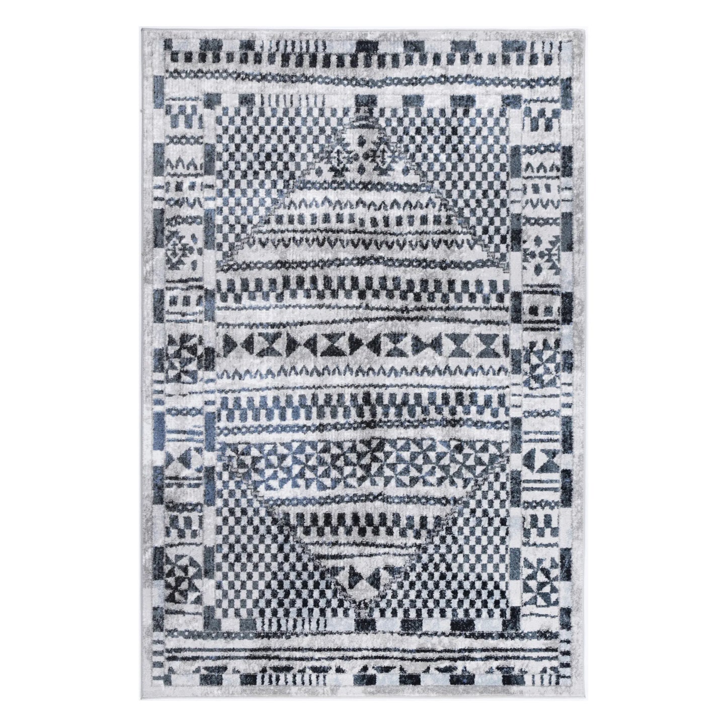 Full view of Kimberley 7 Aztec Blue rug with blue white grey geometric pattern and stepped motifs, 230 x 160 cm