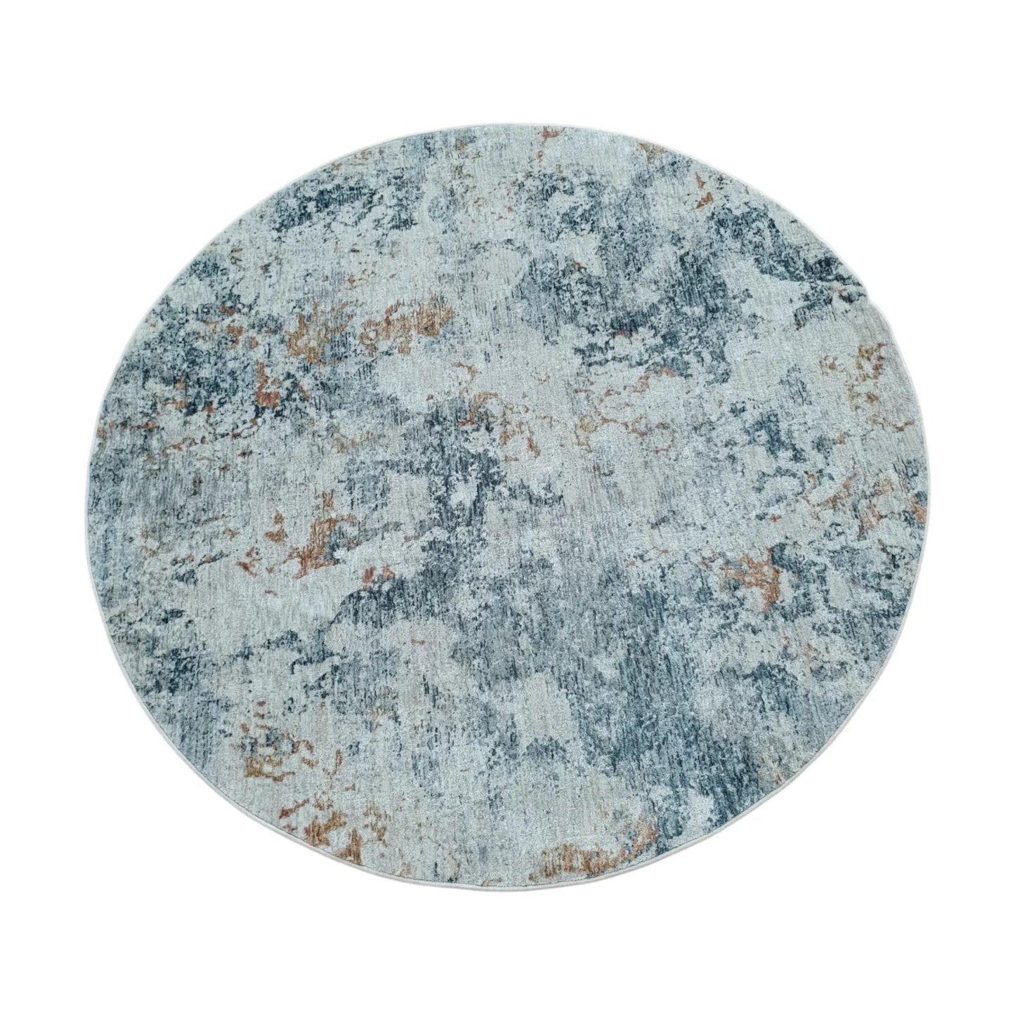 Full view of light gray round rug with abstract wash pattern, 160 cm