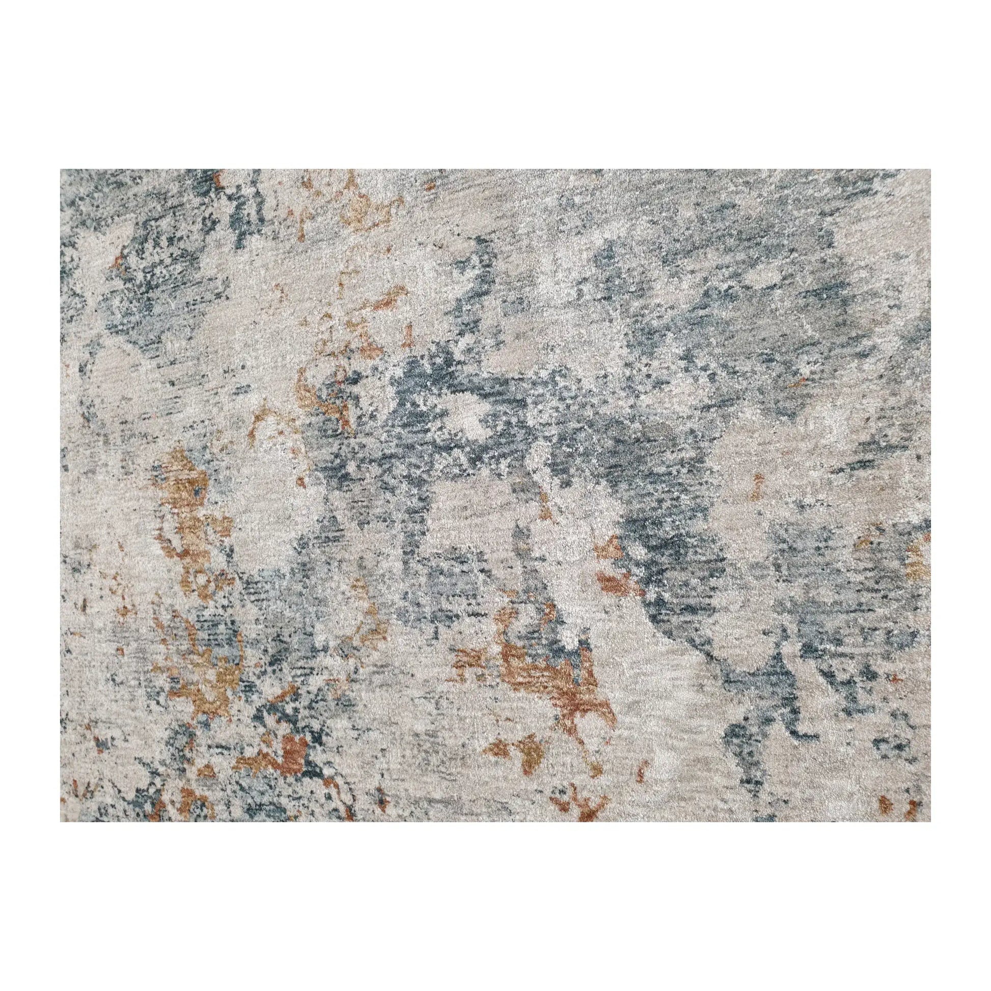 Close-up of light gray round rug with blue and warm-toned abstract pattern detail, 160 cm