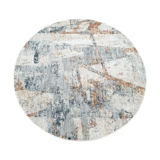 Full view of light grey round rug with blue and rust abstract brushstroke design, 160 cm