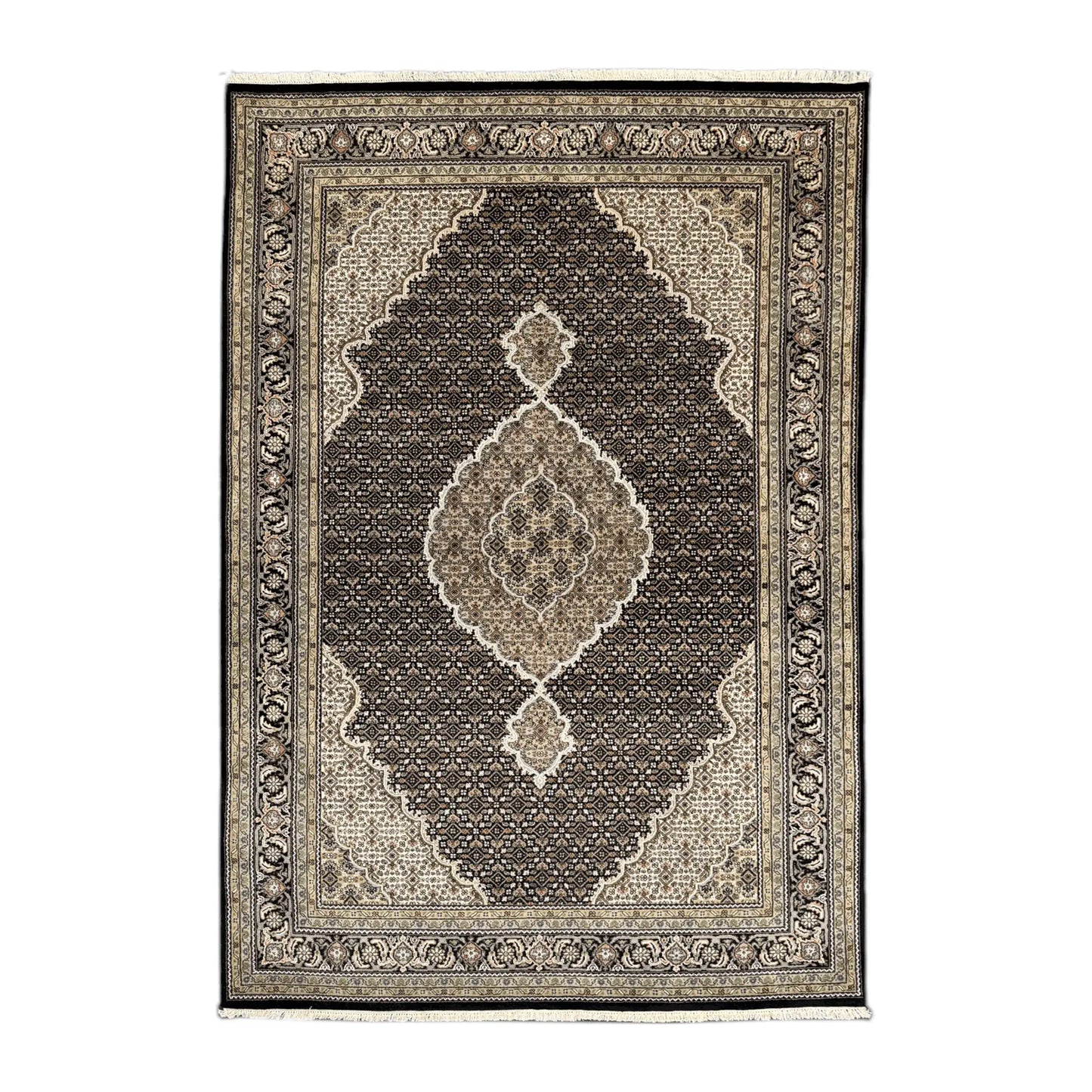 Full view of Mahi Tabriz hand-knotted wool rug with deep brown-black field, ornate central medallion and layered beige borders, 295 x 196 cm