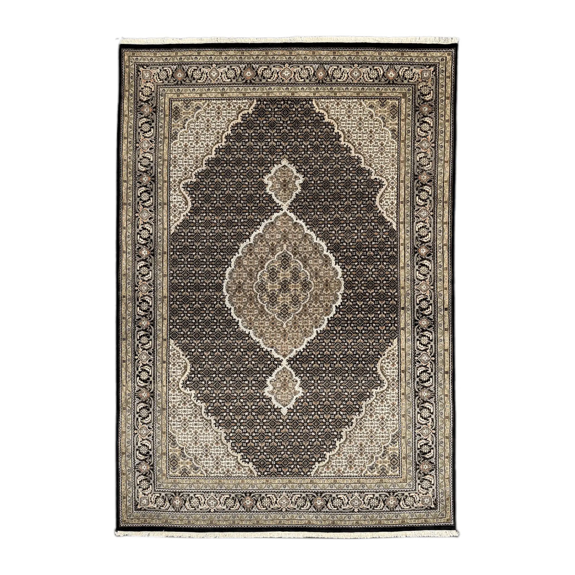 Full view of Mahi Tabriz hand-knotted wool rug with deep brown-black field, ornate central medallion and layered beige borders, 295 x 196 cm
