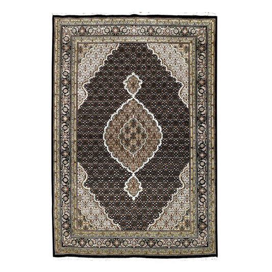 Full view of Mahi Tabriz rug with deep brown patterned field, pale central medallion and layered borders, 295 x 196 cm