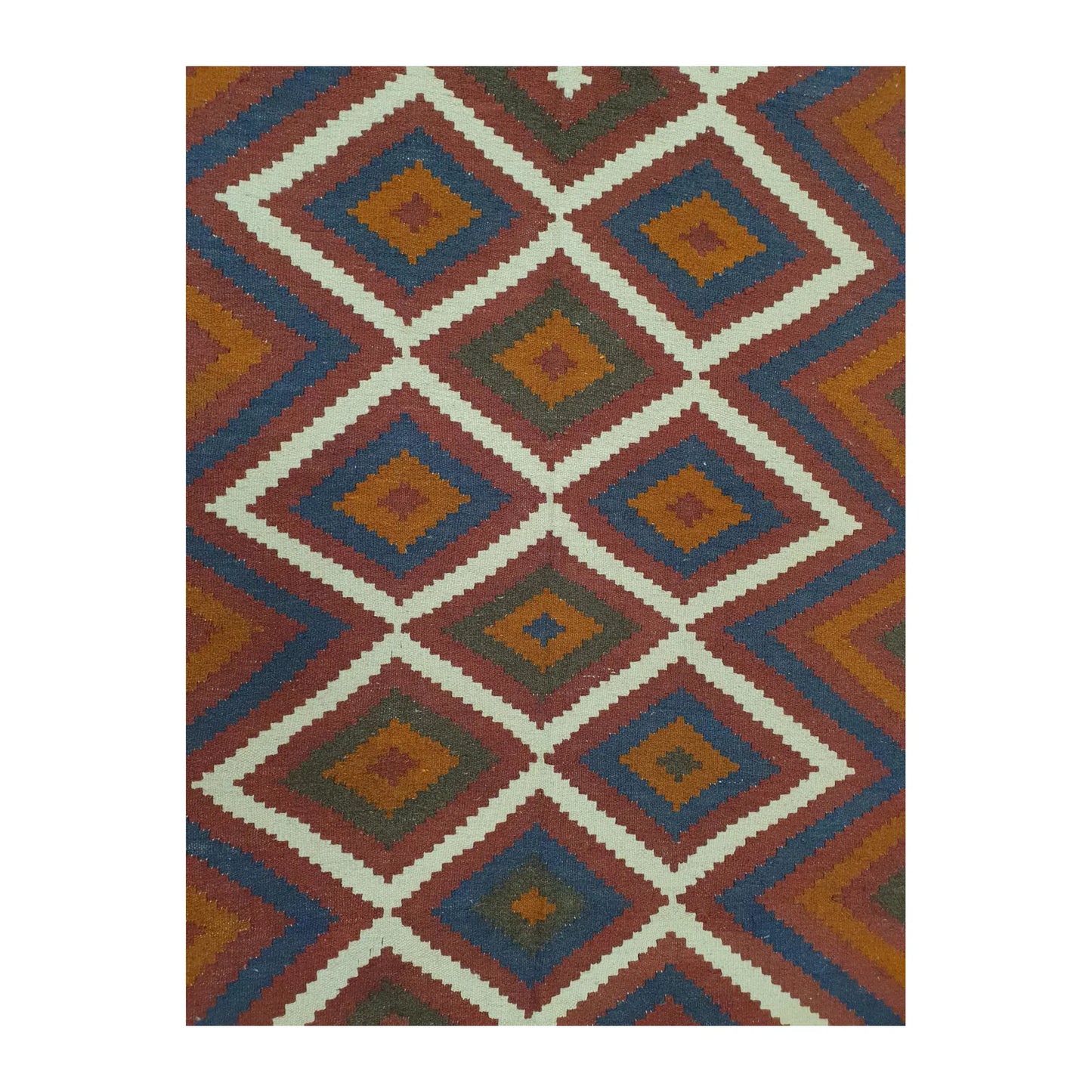 Diamond lattice detail of Mamina Kilim wool rug with maroon, amber, navy and ivory geometric motifs, 239 x 169 cm