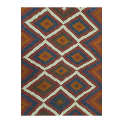 Diamond lattice detail of Mamina Kilim wool rug with maroon, amber, navy and ivory geometric motifs, 239 x 169 cm