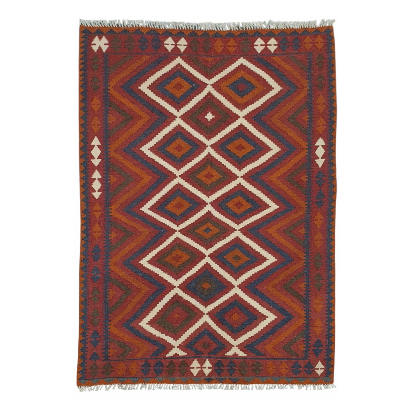Full view of Mamina Kilim wool rug with maroon-red field, ivory diamond lattice and tribal border, 239 x 169 cm