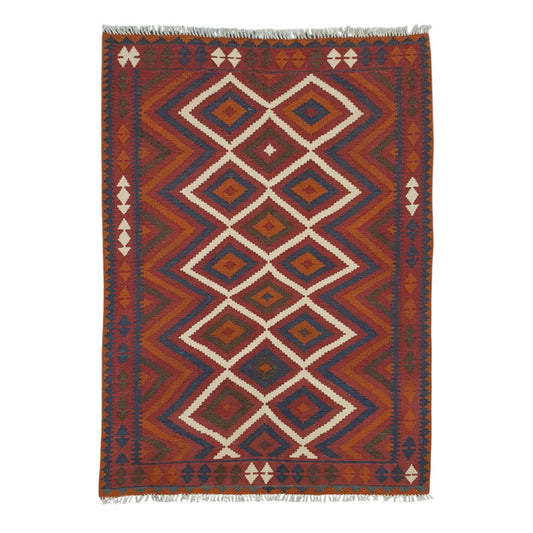 Full view of Mamina Kilim wool rug with maroon-red field, ivory diamond lattice and tribal border, 239 x 169 cm