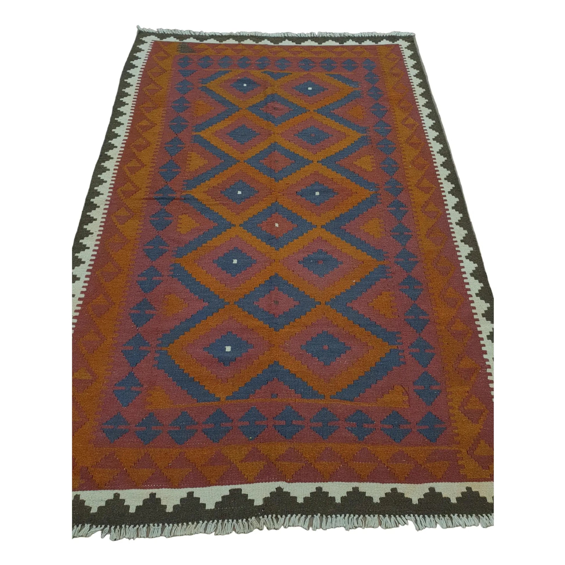 Full view of Mamina Kilim wool rug with maroon field, stepped diamond motifs and cream tribal end border, 243 x 160 cm