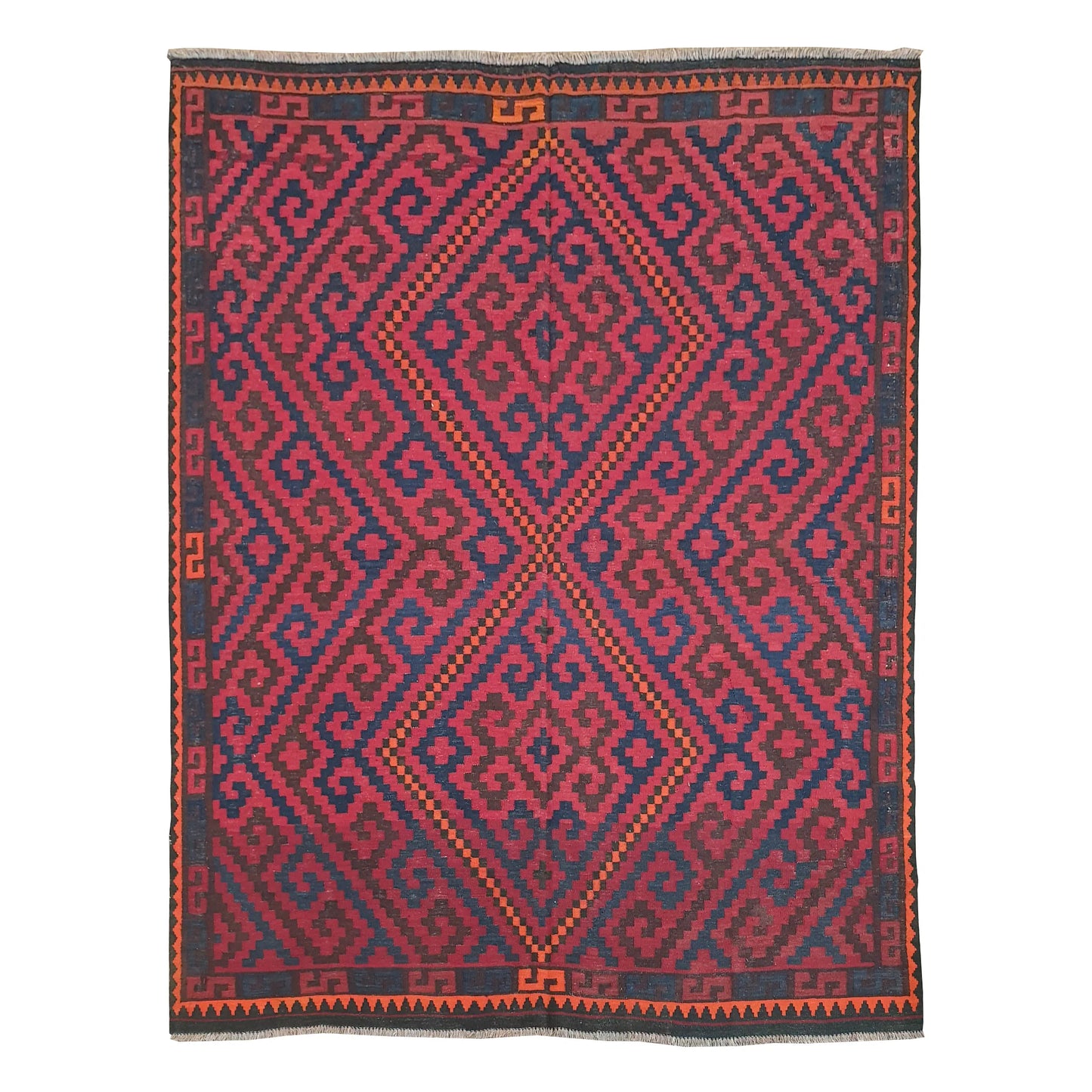 Mamina Kilim wool rug 250 x 239 cm full view with red geometric medallion field, dark border and fringe