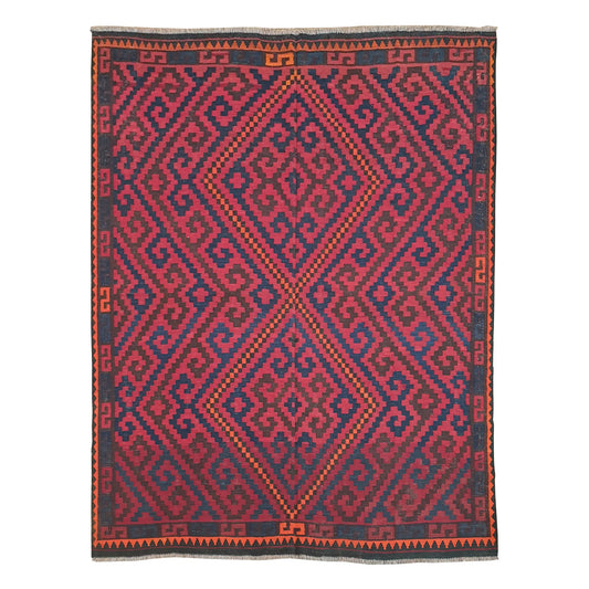 Mamina Kilim wool rug 250 x 239 cm full view with red geometric medallion field, dark border and fringe