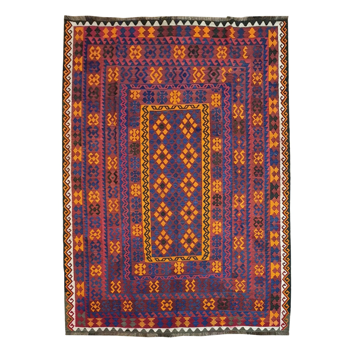 Mamina Kilim wool rug 280 x 200 cm full view with purple blue field, yellow border and geometric pattern
