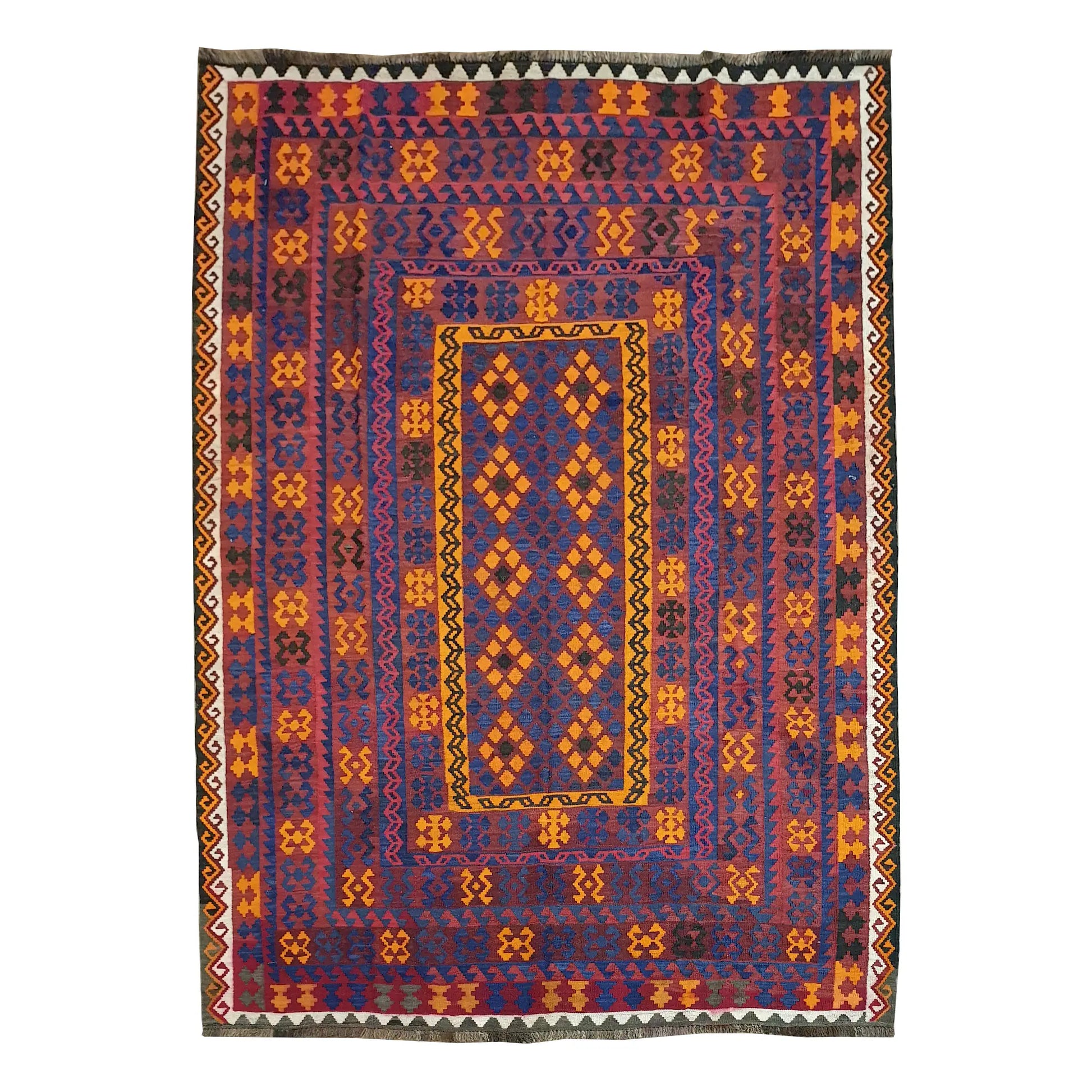 Mamina Kilim wool rug 280 x 200 cm full view with purple blue field, yellow border and geometric pattern