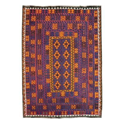 Mamina Kilim wool rug 280 x 200 cm full view with purple blue field, yellow border and geometric pattern