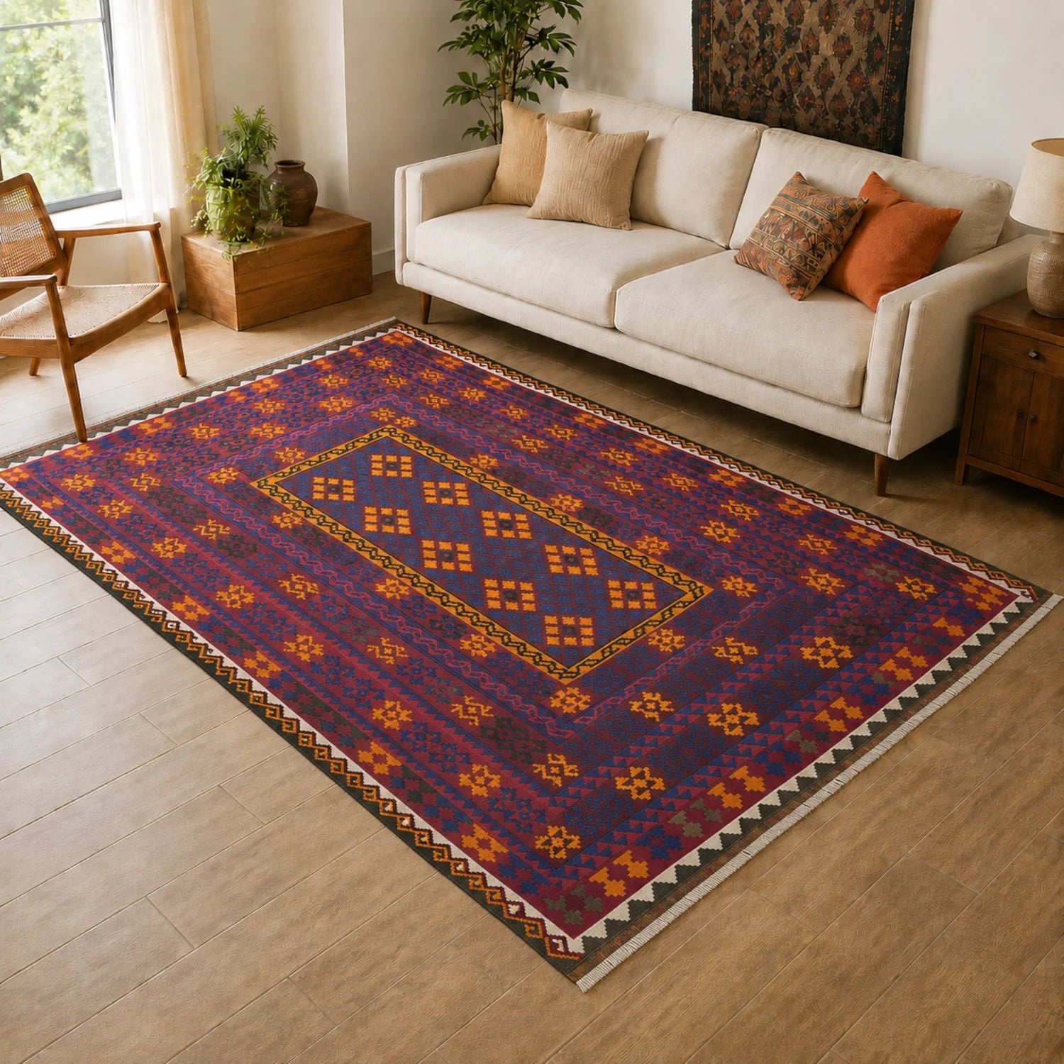 Mamina Kilim wool rug 280 x 200 cm in purple, blue and gold geometric design styled in a warm living room