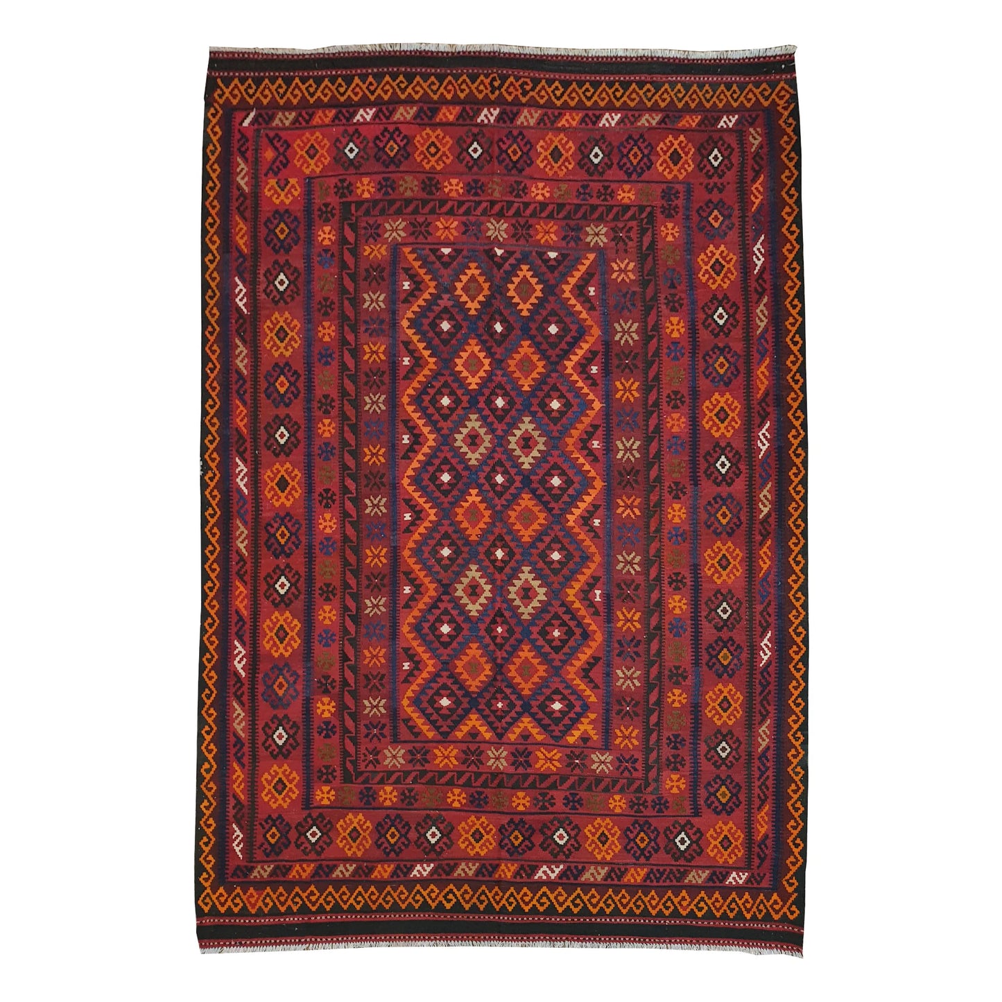 Mamina Kilim wool rug 312 x 260 cm full view with deep red diamond lattice, dark field and patterned border