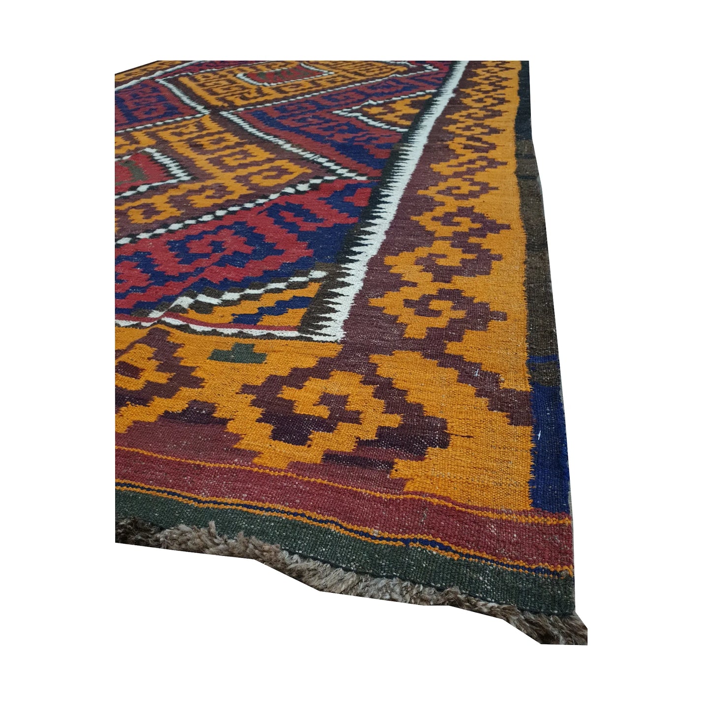 Angled fringe and border detail of Mamina Kilim wool rug showing mustard, burgundy, navy and ivory flatwoven pattern