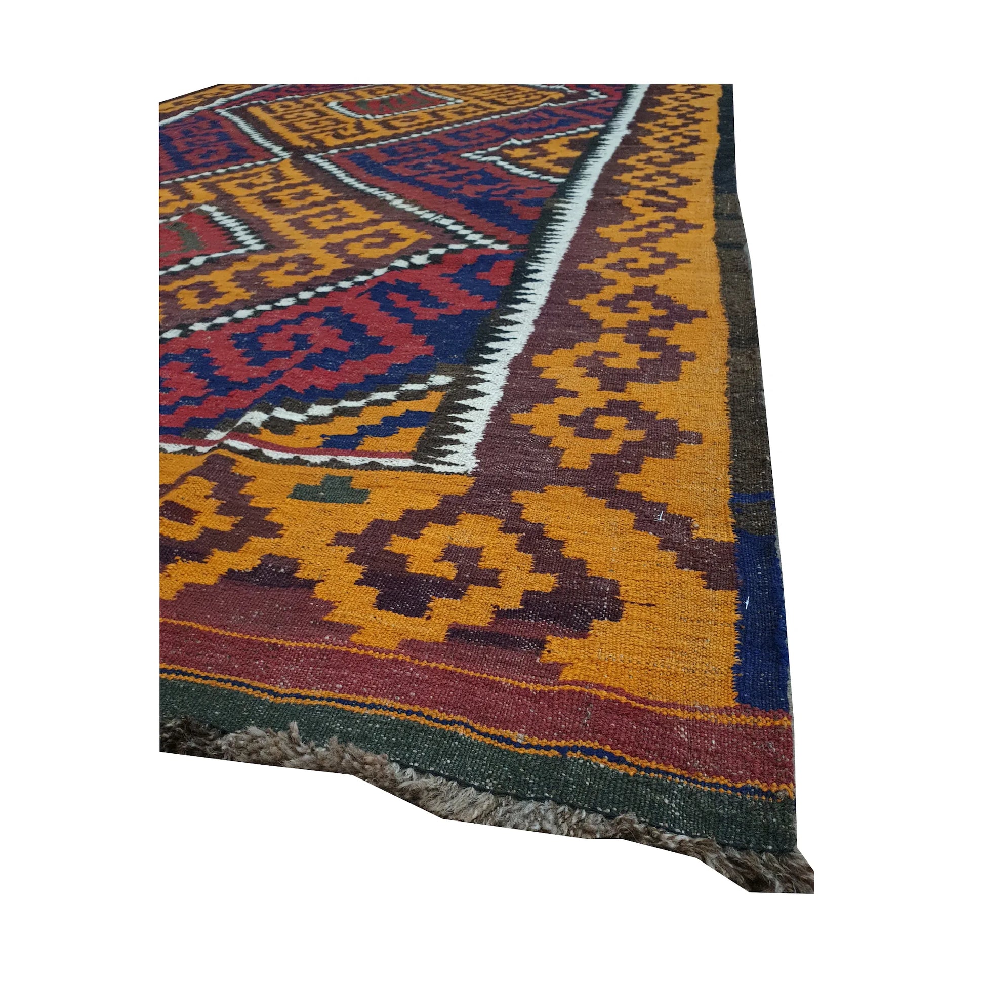 Angled fringe and border detail of Mamina Kilim wool rug showing mustard, burgundy, navy and ivory flatwoven pattern