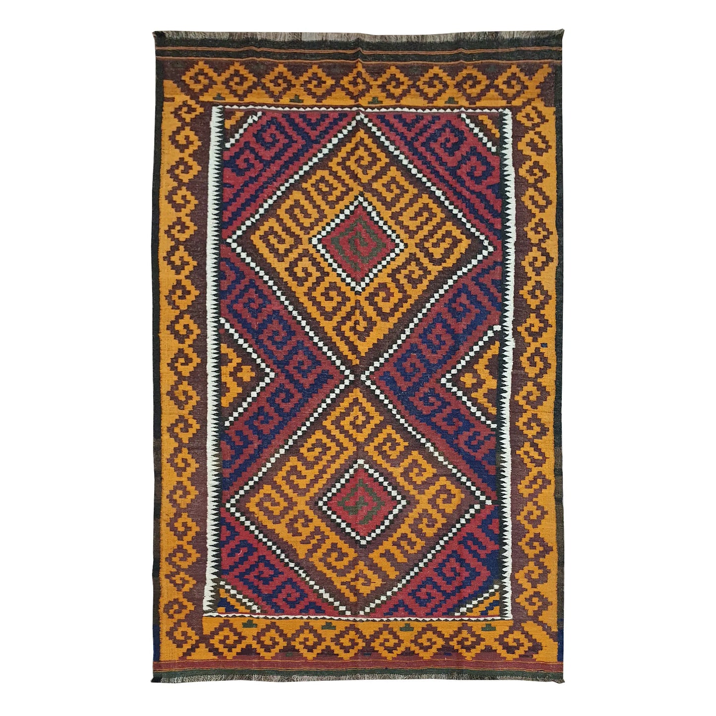 Mamina Kilim wool rug 316 x 195 cm full view with mustard diamond medallion field, dark border and fringe