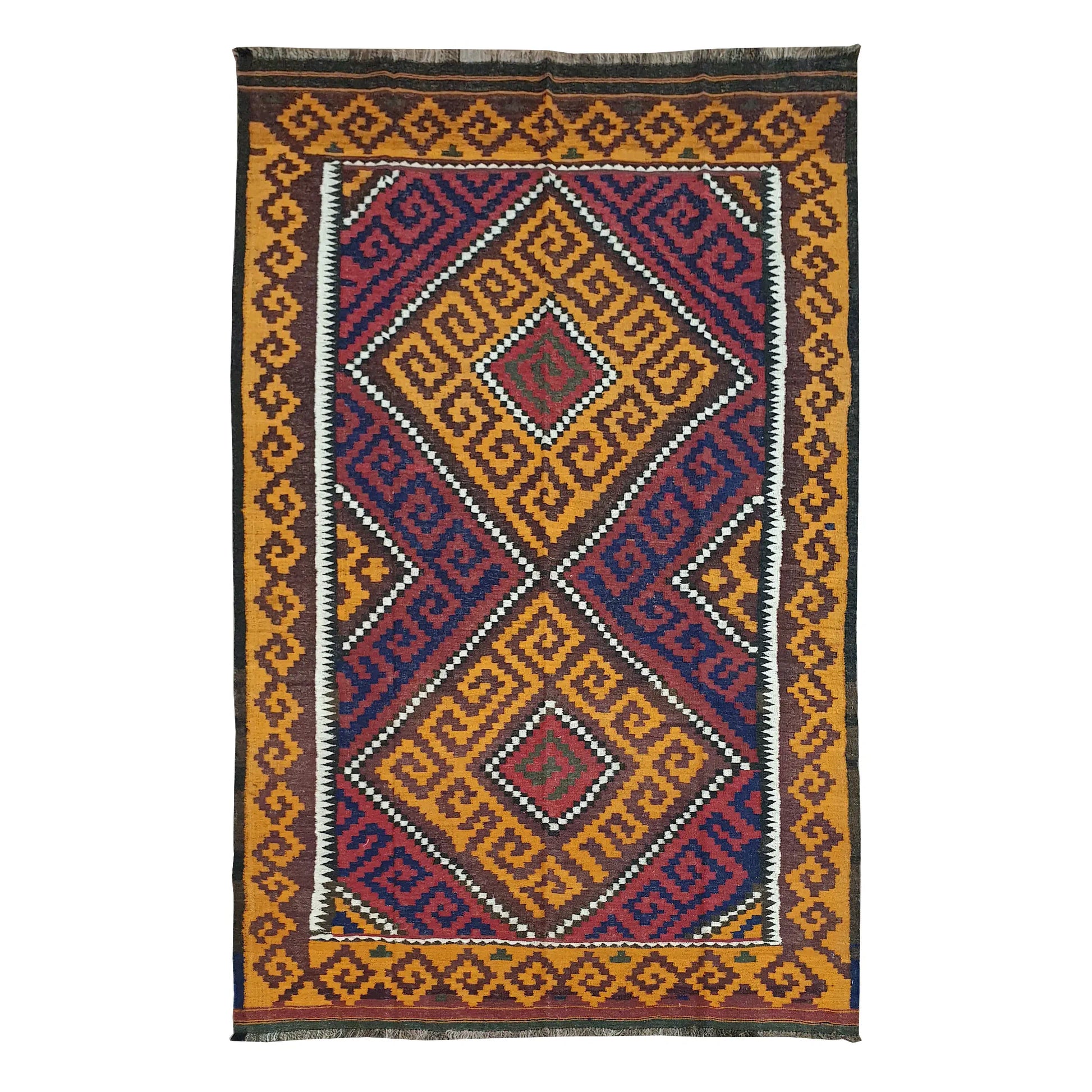 Mamina Kilim wool rug 316 x 195 cm full view with mustard diamond medallion field, dark border and fringe