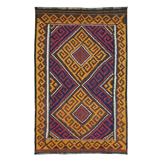 Mamina Kilim wool rug 316 x 195 cm full view with mustard diamond medallion field, dark border and fringe