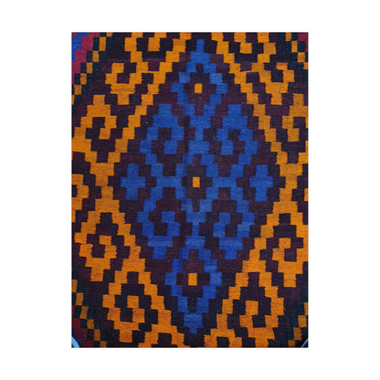 Blue centre diamond close-up of Mamina Kilim wool rug with gold geometric border and dark flatwoven detail