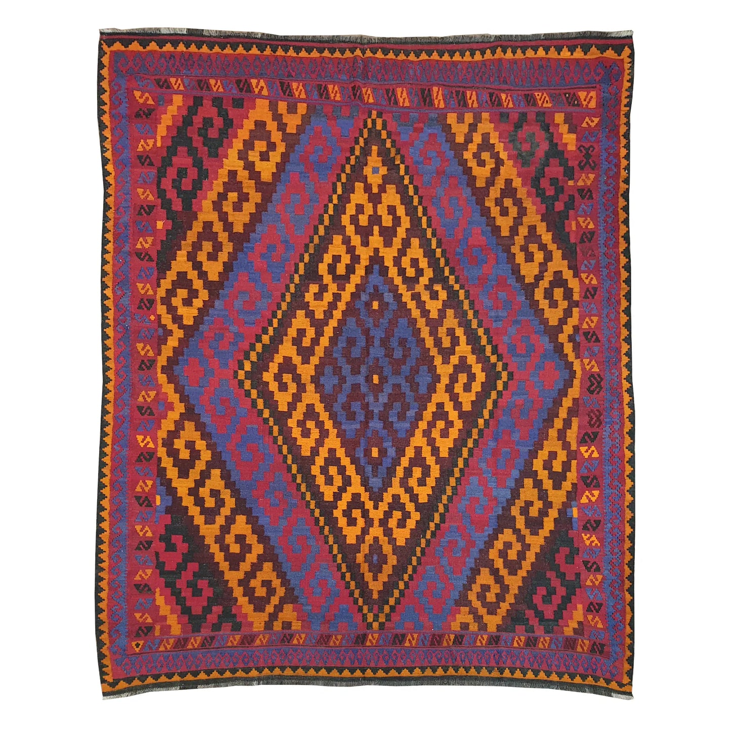 Mamina Kilim wool rug 317 x 275 cm full view with purple field, gold diamond medallion and geometric border
