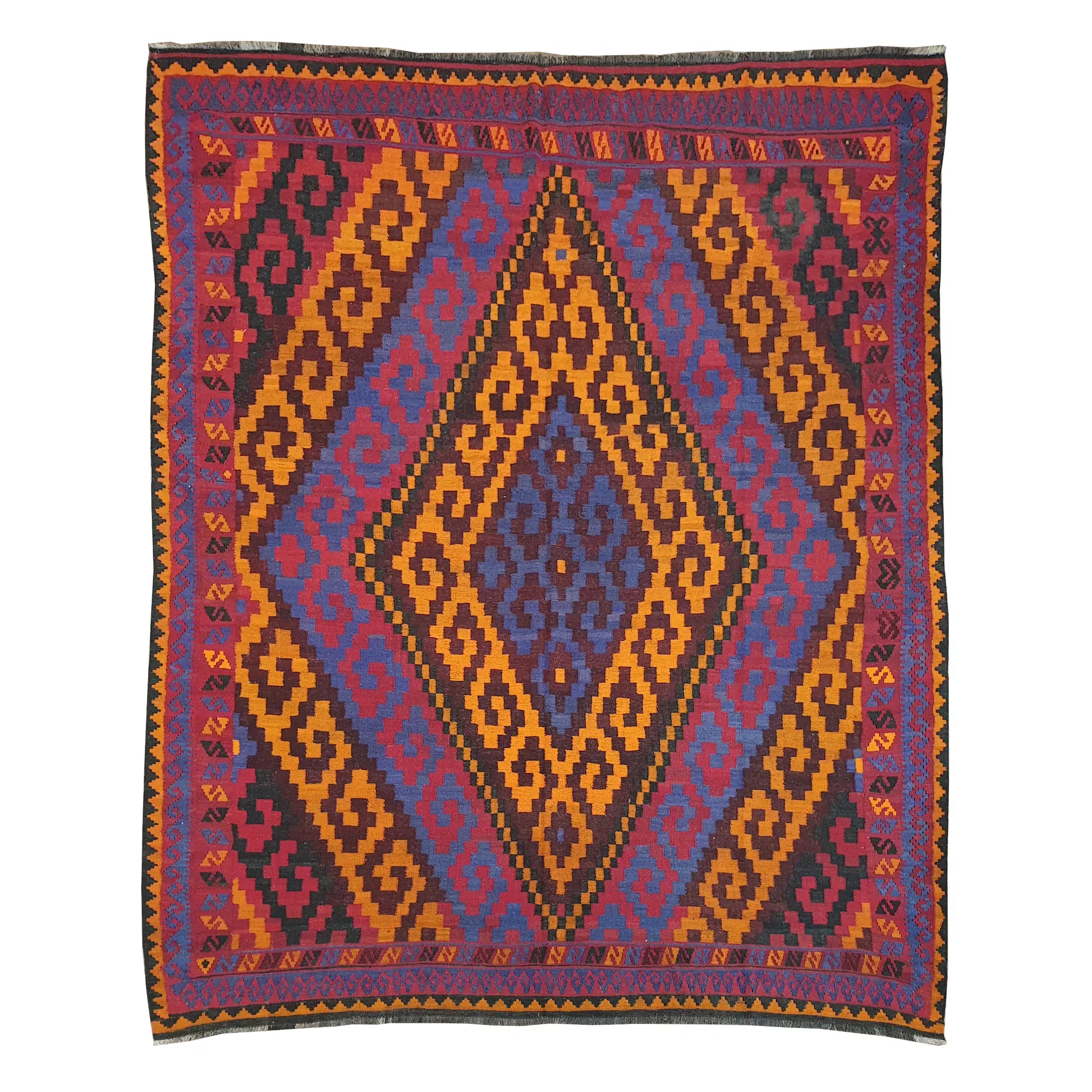 Mamina Kilim wool rug 317 x 275 cm full view with purple field, gold diamond medallion and geometric border