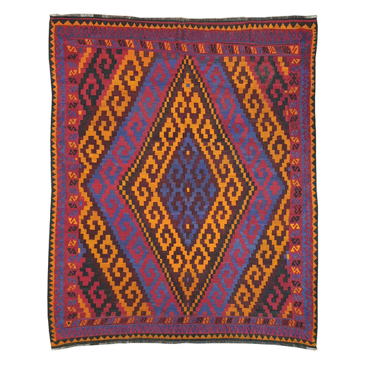 Mamina Kilim wool rug 317 x 275 cm full view with purple field, gold diamond medallion and geometric border