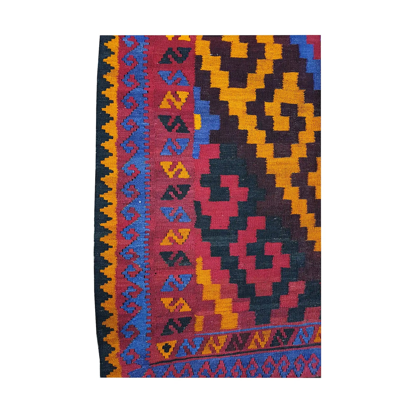 Side border detail of Mamina Kilim wool rug showing gold, magenta, purple and black tribal geometric motifs