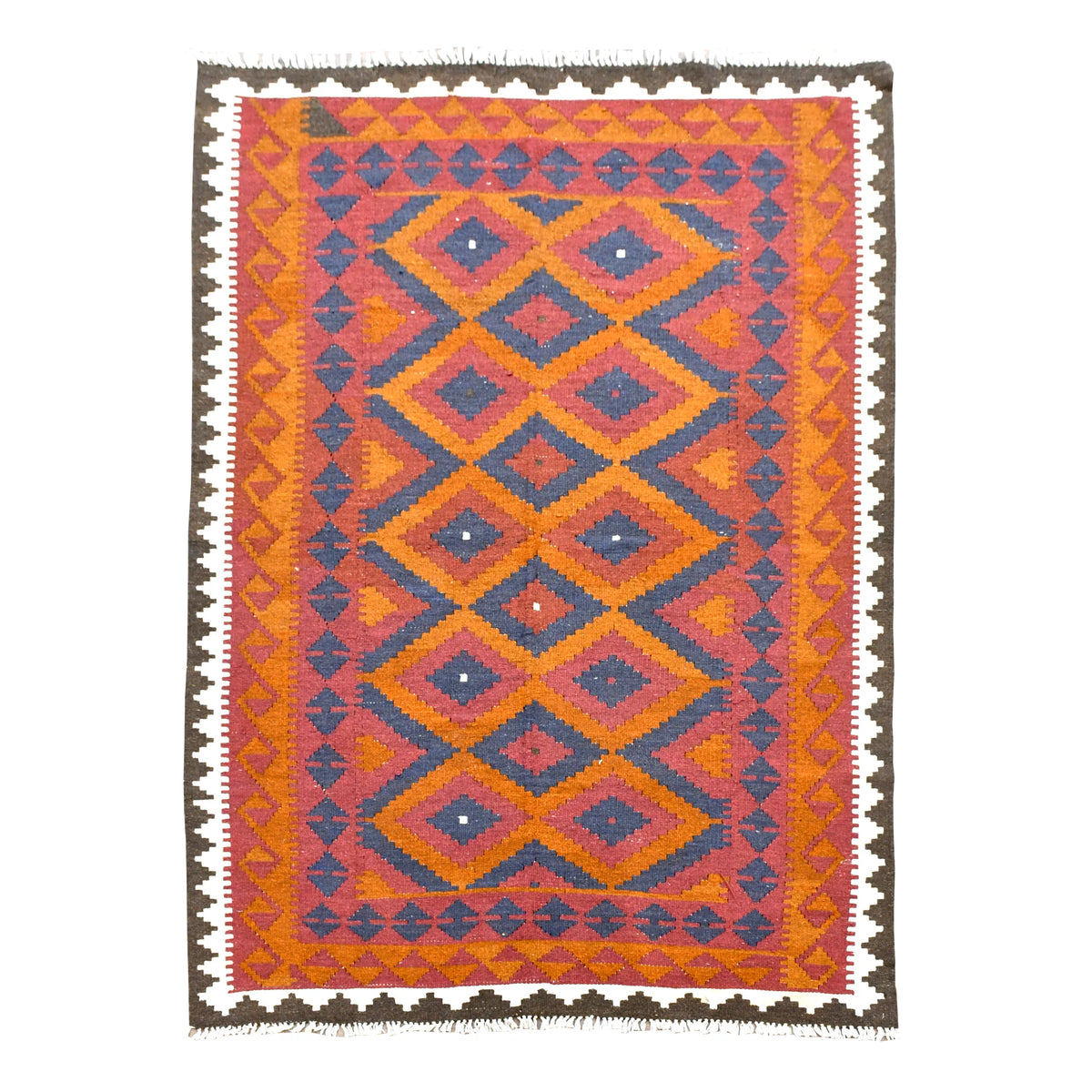 Full view of Afghan Mamina wool kilim with rust-red and orange diamond pattern, slate-blue motifs and an ivory and dark brown border, 243 x 160 cm