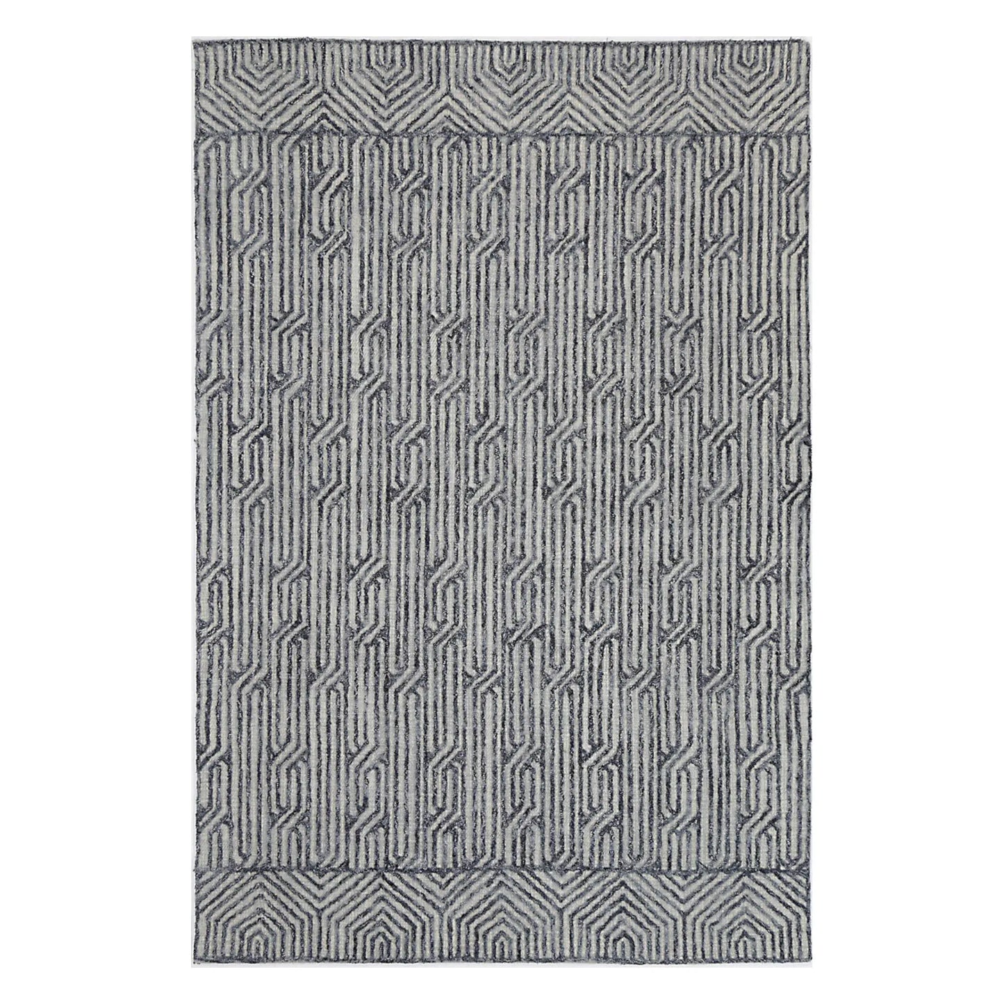 Full view of Marbella Almeria blue hand-tufted wool rug with geometric line pattern, 230 x 160 cm