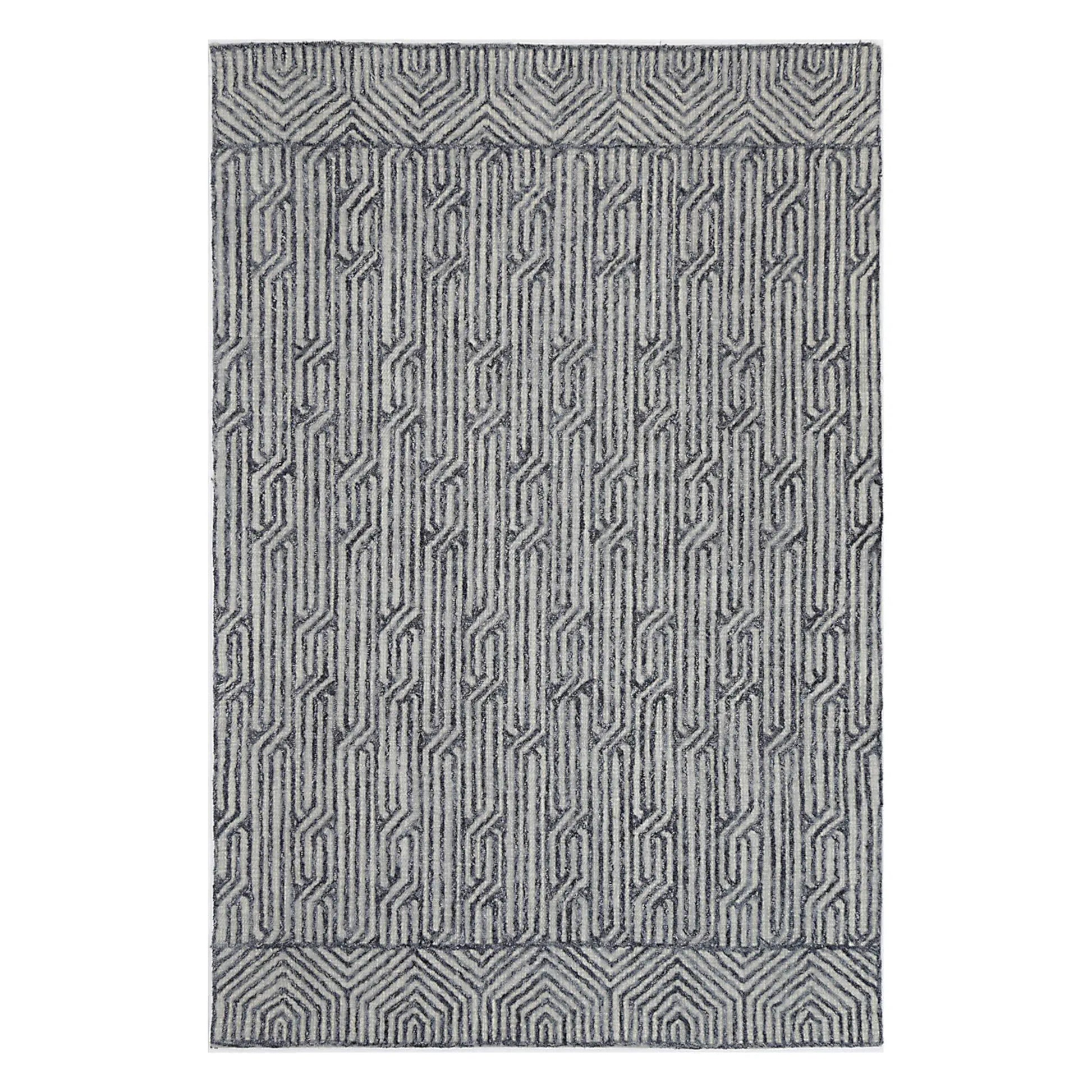 Full view of Marbella Almeria blue hand-tufted wool rug with geometric line pattern, 230 x 160 cm