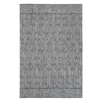 Full view of Marbella Almeria blue hand-tufted wool rug with geometric line pattern, 230 x 160 cm