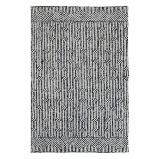 Full view of Marbella Almeria blue hand-tufted wool rug with geometric line pattern, 230 x 160 cm