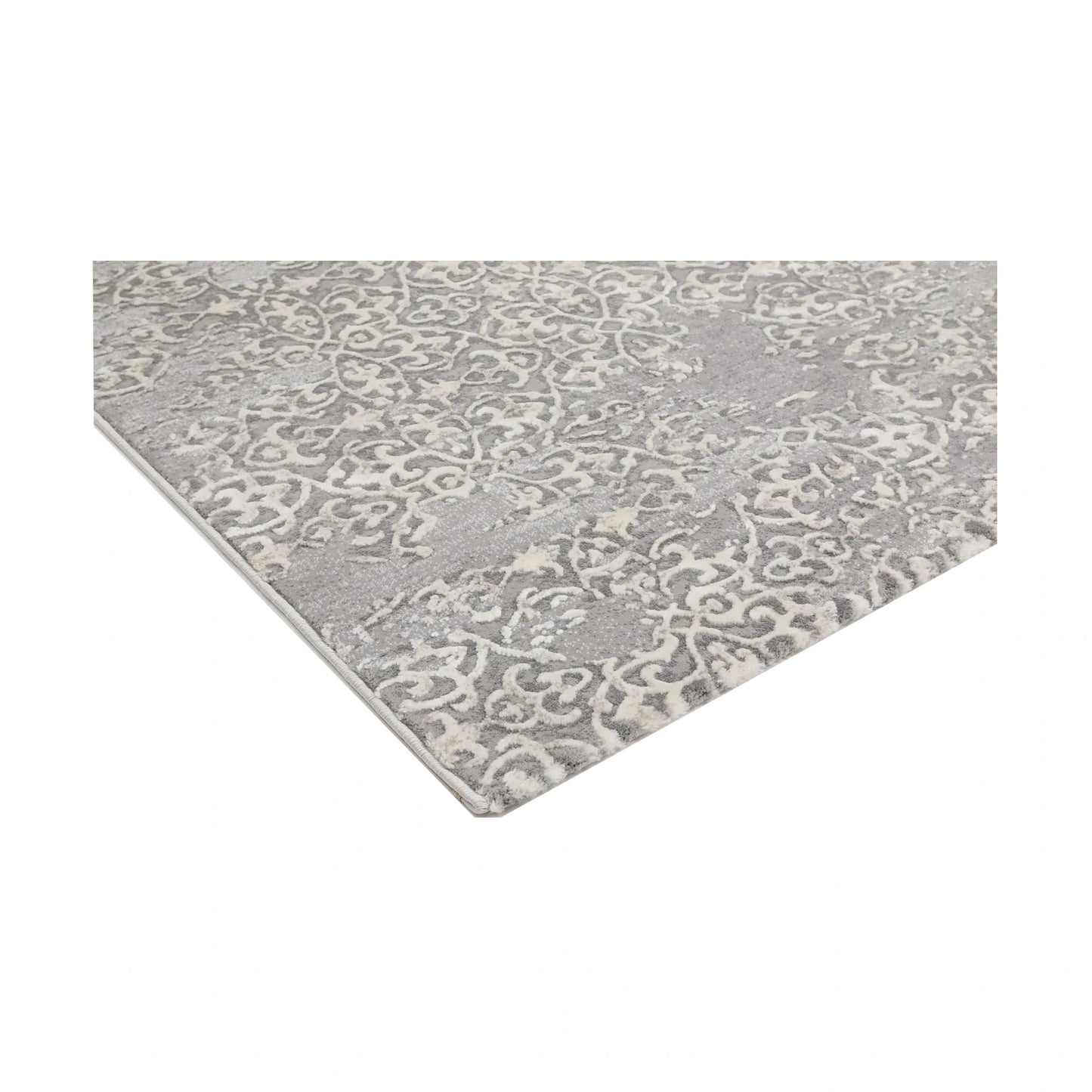 Corner detail of Modern Antalya Grey Designer Rug with soft grey and white distressed design