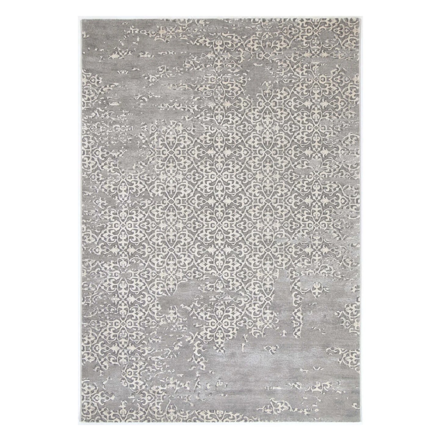 Full view of Modern Antalya Grey Designer Rug with distressed ornamental grey-white pattern