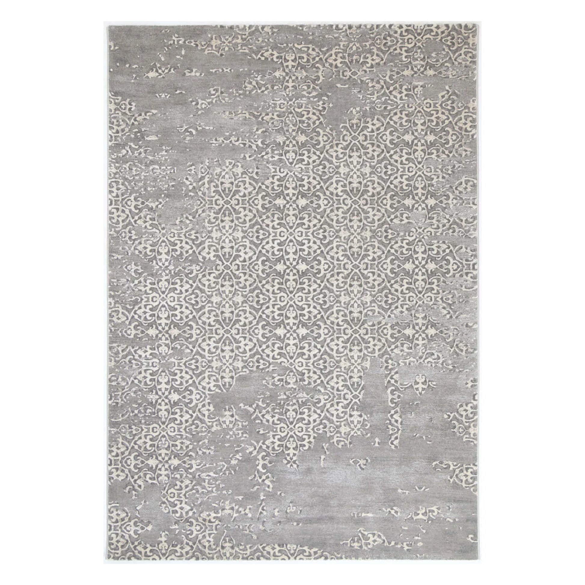 Full view of Modern Antalya Grey Designer Rug with distressed ornamental grey-white pattern