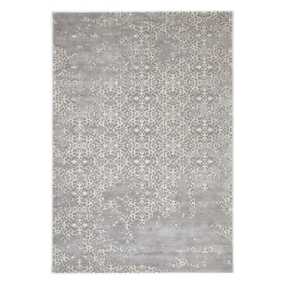 Full view of Modern Antalya Grey Designer Rug with distressed ornamental grey-white pattern