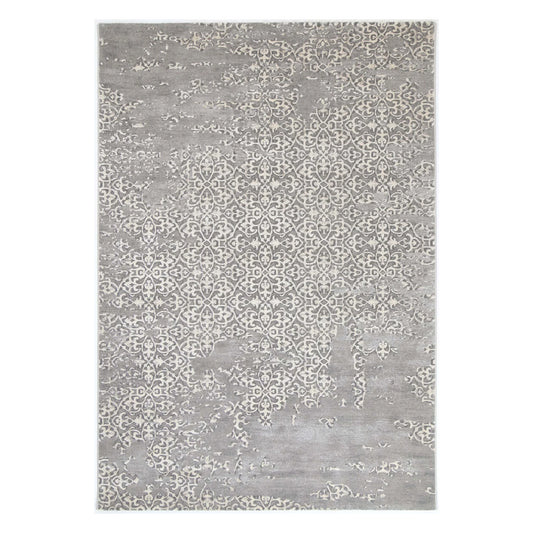 Full view of Modern Antalya Grey Designer Rug with distressed ornamental grey-white pattern