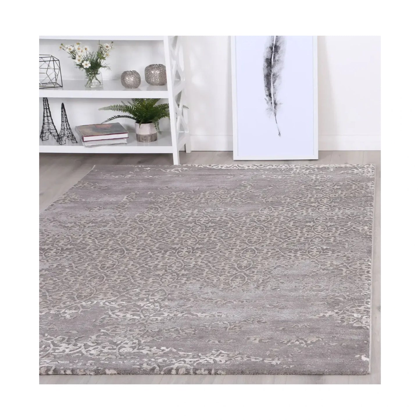 Modern Antalya Grey Designer Rug styled in a light contemporary room setting
