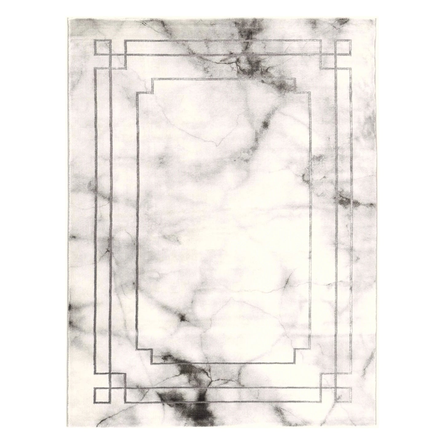 Full view of Modern Antep Grey Designer Rug with marble-effect field and geometric border, 230 x 160 cm