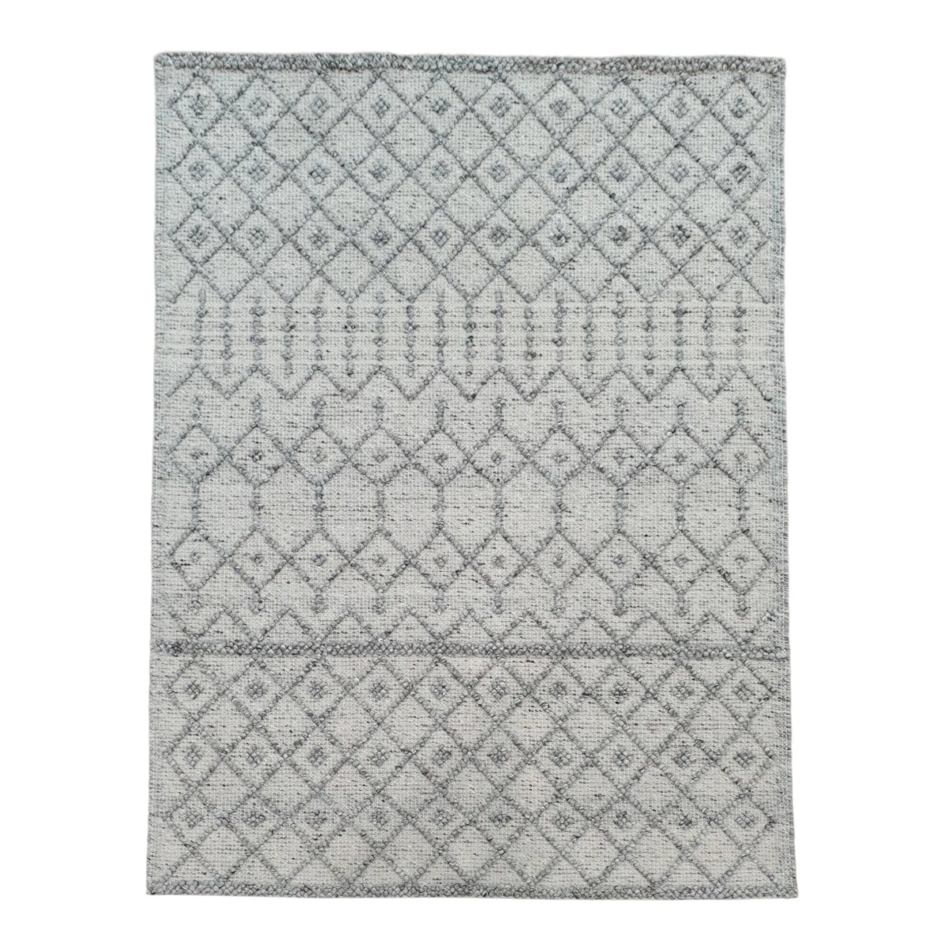 Modern grey geometric wool rug 230 x 160 cm full view with ivory diamond pattern