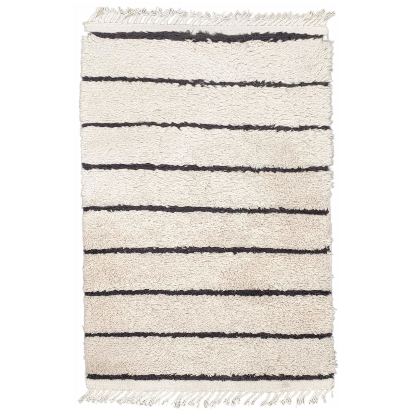Full view of Moroccan Design hand-knotted wool rug with cream field, black horizontal stripes and fringe ends, 165 x 90 cm